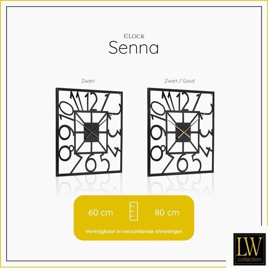 LW collection LW Collection wandklok XL Senna zwart met gouden wijzers 80cm - Grote industriële klok metaal stil uurwerk - Moderne zwarte wandklok - Industrieel