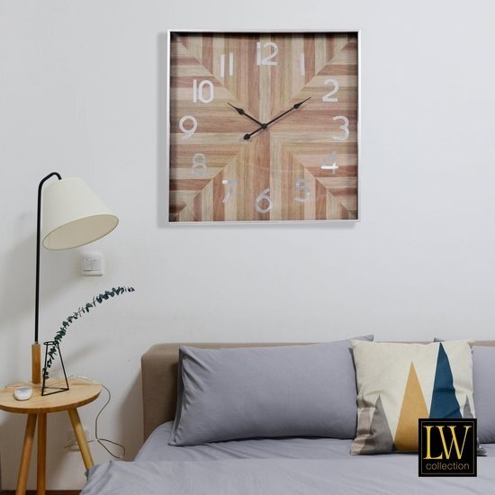 LW collection LW Collection XL wandklok zilver hout vierkant met glas 80cm - Grote moderne houten zilverkleurige glazen muurklok - Houten klok vierkant stil uurwerk - Wandklok hout glas
