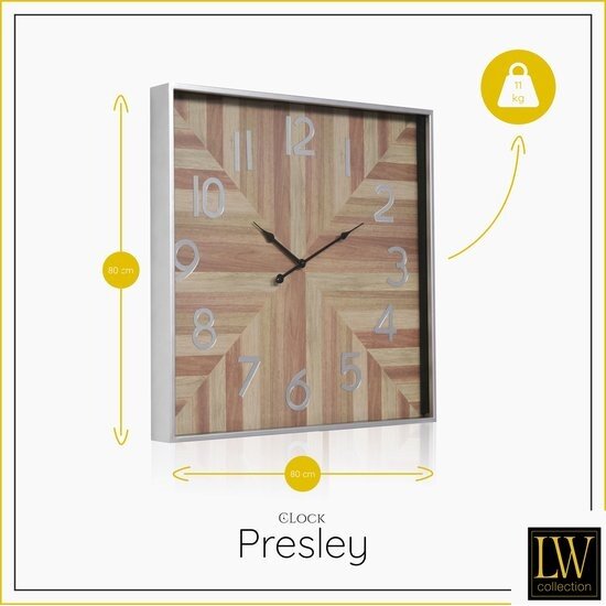 LW collection LW Collection XL wandklok zilver hout vierkant met glas 80cm - Grote moderne houten zilverkleurige glazen muurklok - Houten klok vierkant stil uurwerk - Wandklok hout glas