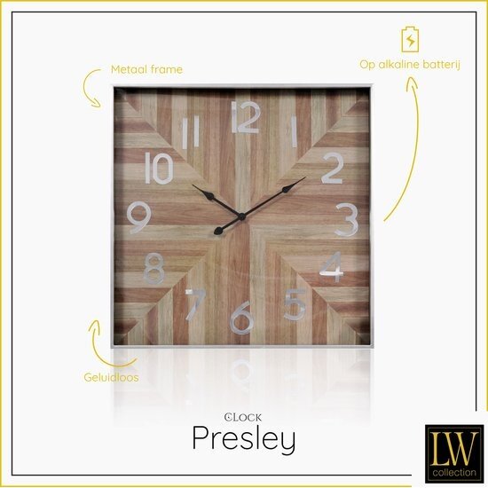 LW collection LW Collection XL wandklok zilver hout vierkant met glas 80cm - Grote moderne houten zilverkleurige glazen muurklok - Houten klok vierkant stil uurwerk - Wandklok hout glas