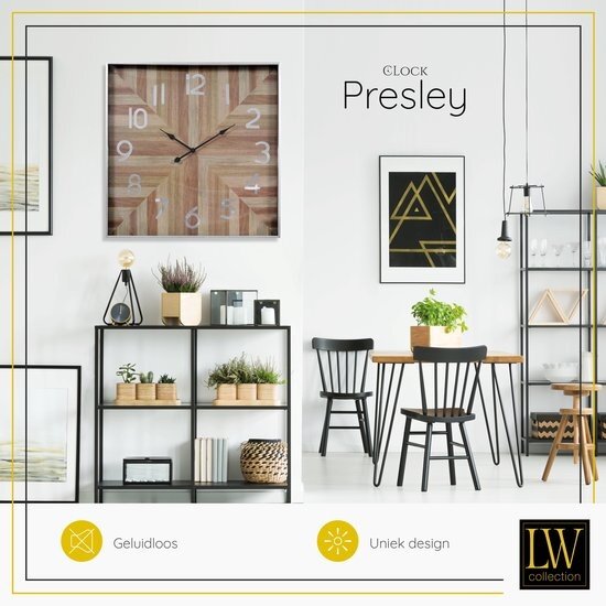 LW collection LW Collection XL wandklok zilver hout vierkant met glas 80cm - Grote moderne houten zilverkleurige glazen muurklok - Houten klok vierkant stil uurwerk - Wandklok hout glas