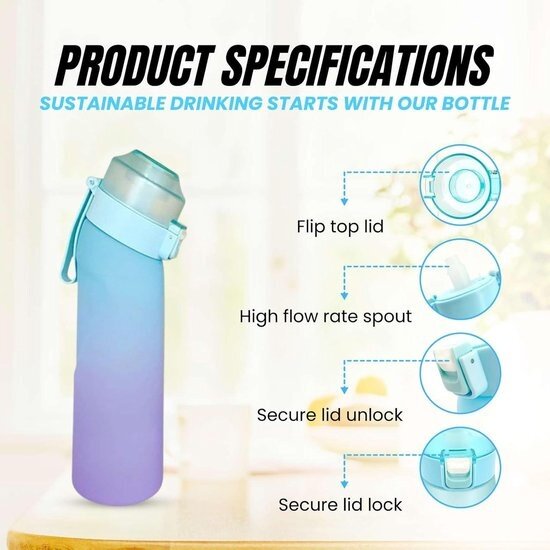 Igoods Igoods Drinkfles - Geurfles - Sportfles - Waterfles Met Smaak - Smaak Op Basis Van Geur - 650ML - BPA Vrij - Inclusief 7 Smaken - Paars/Blauw