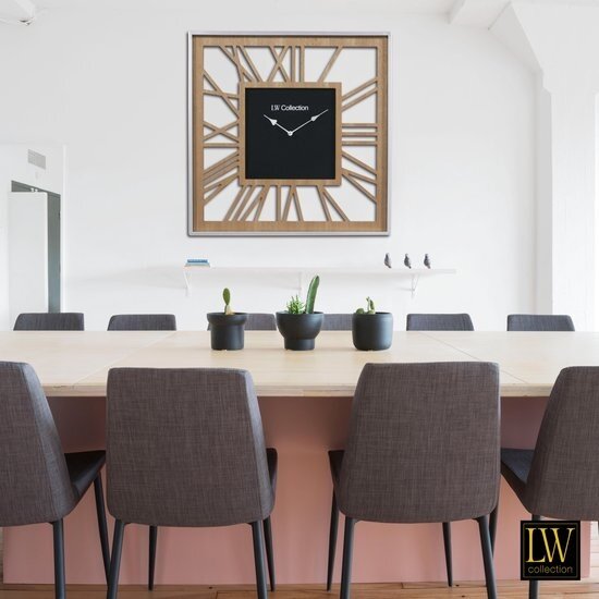 LW collection LW Collection Houten wandklok 60cm - Grote vierkante moderne houten muurklok romeinse cijfers - Houten klok stil uurwerk - Wandklok hout