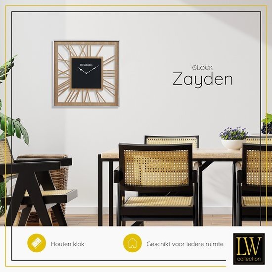 LW collection LW Collection Houten wandklok 60cm - Grote vierkante moderne houten muurklok romeinse cijfers - Houten klok stil uurwerk - Wandklok hout