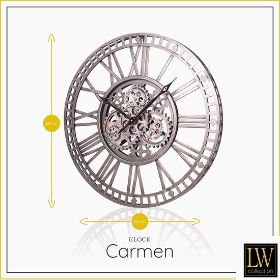 LW collection LW Collection wandklok met draaiende tandwielen Zilver 60cm - Radar wandklok Zilver - wandklok met bewegende wandwielen