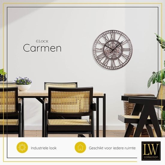 LW collection LW Collection wandklok met draaiende tandwielen Zilver 60cm - Radar wandklok Zilver - wandklok met bewegende wandwielen