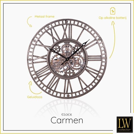 LW collection LW Collection wandklok met draaiende tandwielen Zilver 60cm - Radar wandklok Zilver - wandklok met bewegende wandwielen