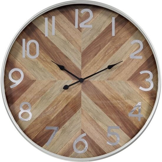 LW collection LW Collection wandklok zilver hout met glas 60cm - Grote moderne houten zilverkleurige glazen muurklok - Houten klok stil uurwerk - Wandklok hout glas