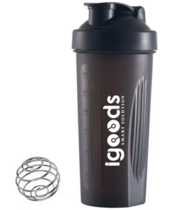 Igoods Shakebeker – Met RVS Mixerbal – BPA-vrij & Lekvrij – Shaker voor Proteïne Shakes, Smoothies & Sportvoeding – Fitness Shake Cup – 600ml – Zwart