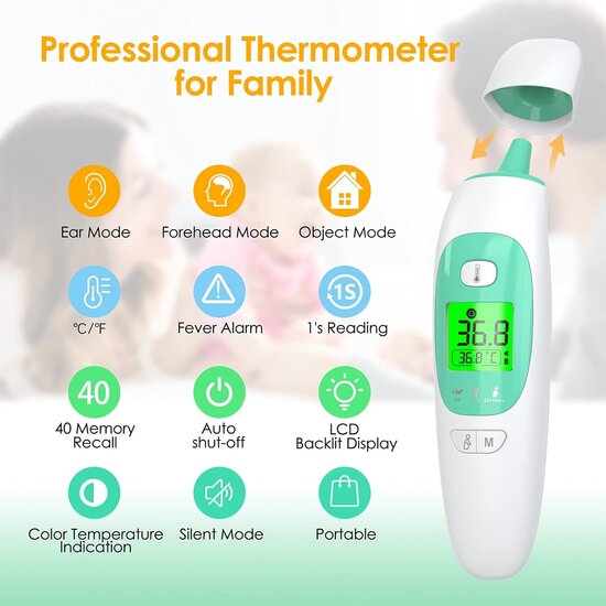 Igoods Igoods Infrarood Thermometer - Digitale Oorthermometer - Voorhoofdthermometer - Koortsindicator - LCD DIsplay - Wit