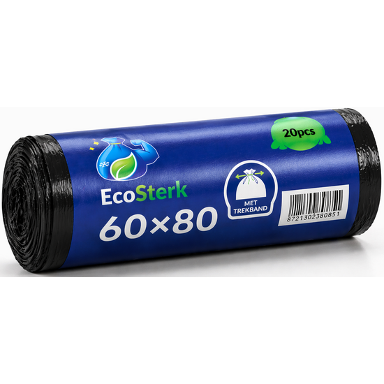 EcoSterk EcoSterk Vuilniszakken - 60 Liter - 20 Stuks - Afvalzakken - Met Trekband - Gerecycled LDPE - Zwart