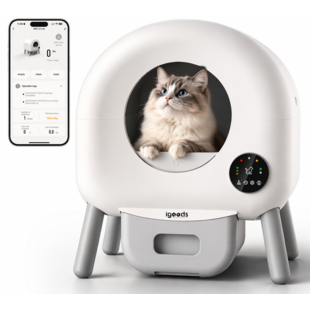 Igoods Automatische Kattenbak - Zelfreinigende Kattenbak - Elektrische Kattenbak - Inclusief App en Led Touch - Inclusief Zakjes en Deodorant - 76L - Wit