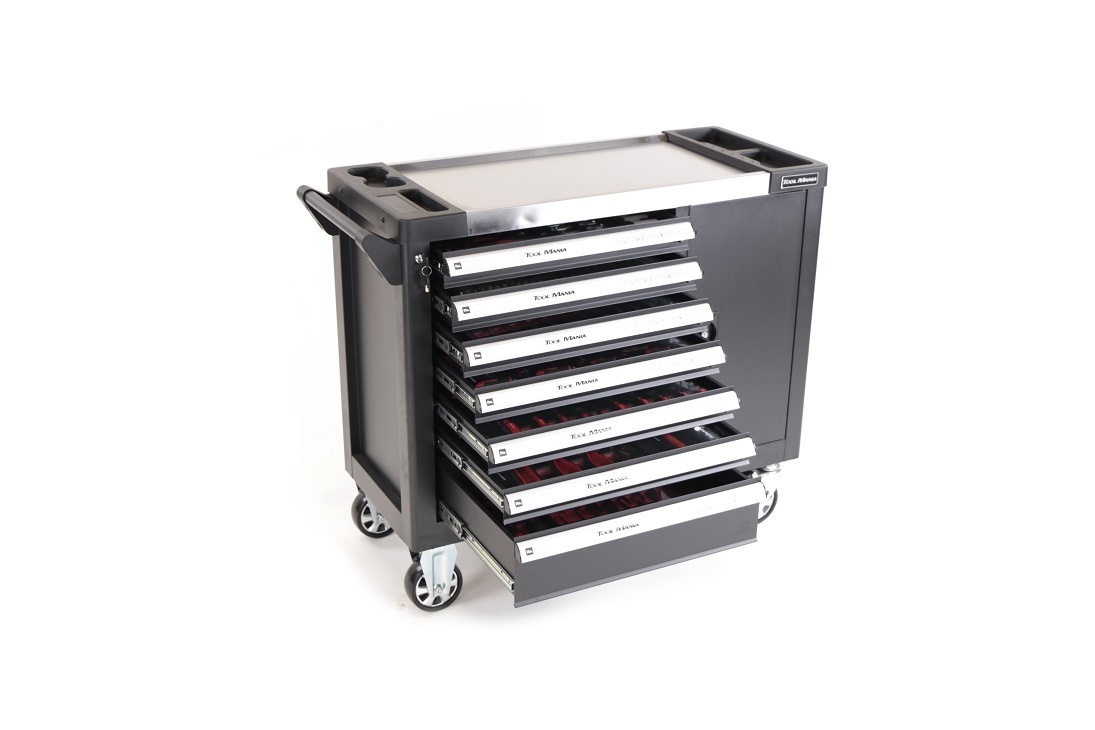 TM XL Premium Werkzeugwagen 7 Schubladen Werkstattwagen mit Werkzeug befüllt 274 teilig