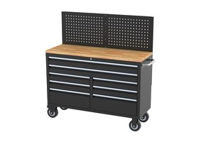 TM 146 cm Profi Werkzeugwagen / Werkbank mit Holzoberteil und Rückwand