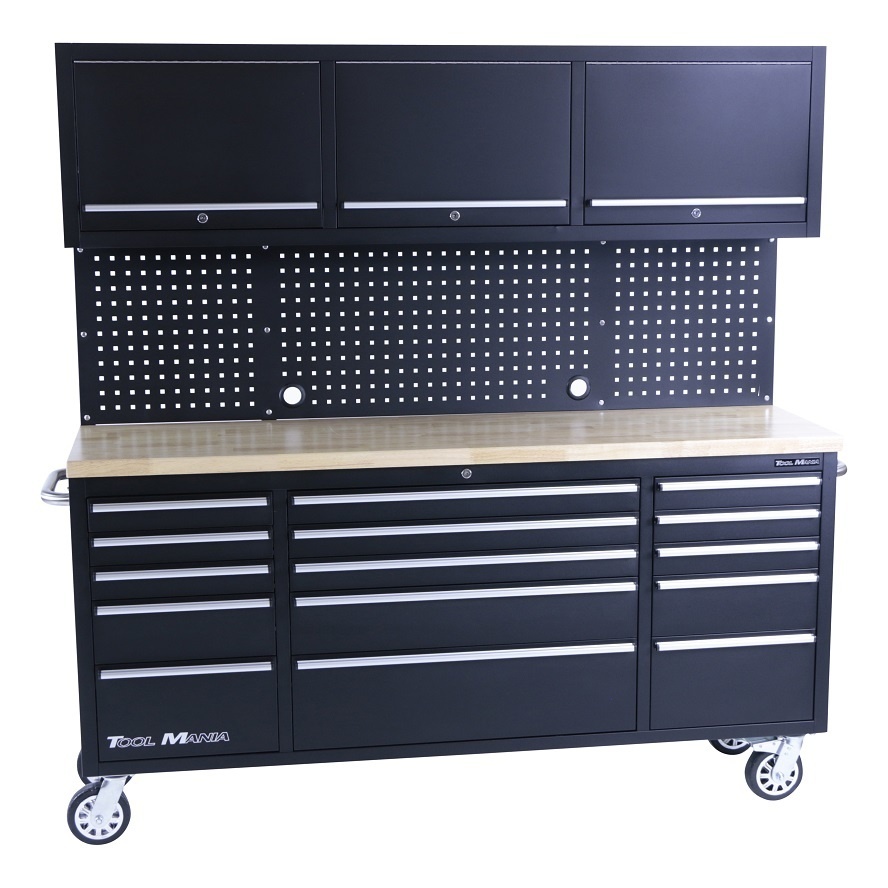 TM 182 cm Werkbank mit Schrankwand und Holzplatte Schwarz