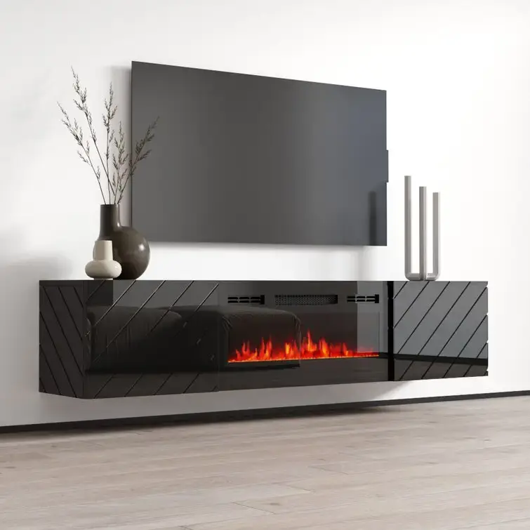 TV-Schrank Modernes Design mit elektrischem Kamin 183x34,5x37,3 cm Schwarz