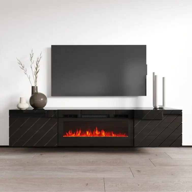 TV-Schrank Modernes Design mit elektrischem Kamin 183x34,5x37,3 cm Schwarz