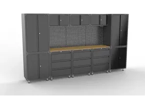 TM Premium schwarze Werkstatteinrichtung mit Werkbank und Werkzeugschränken, 14-teilig