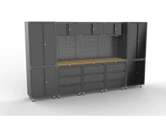 TM Premium schwarze Werkstatteinrichtung mit Werkbank und Werkzeugschränken, 14-teilig