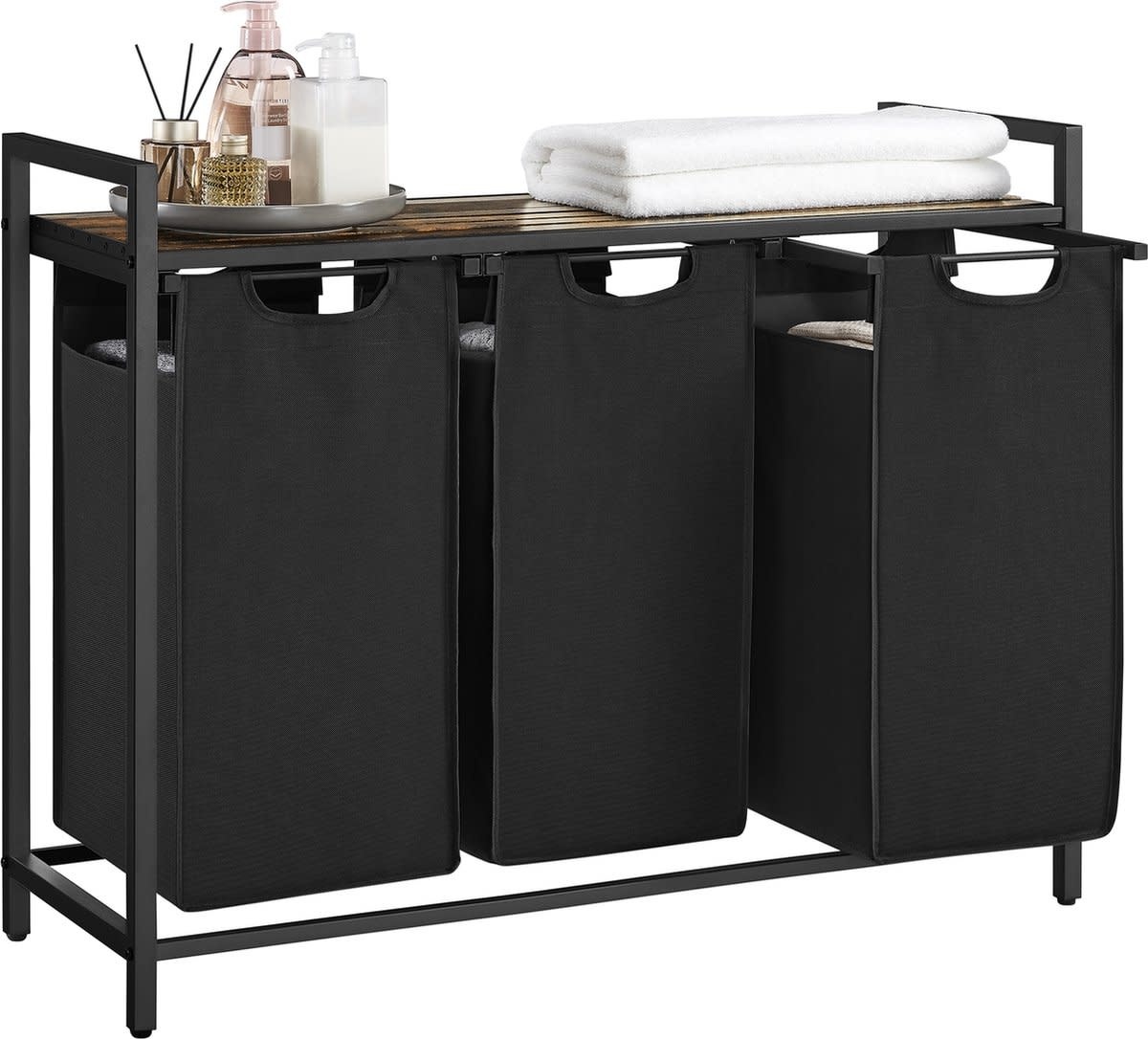 Wäschekorb mit 3 Fächern, Wäschesortierer, 114 L, Vintage Braun und Schwarz