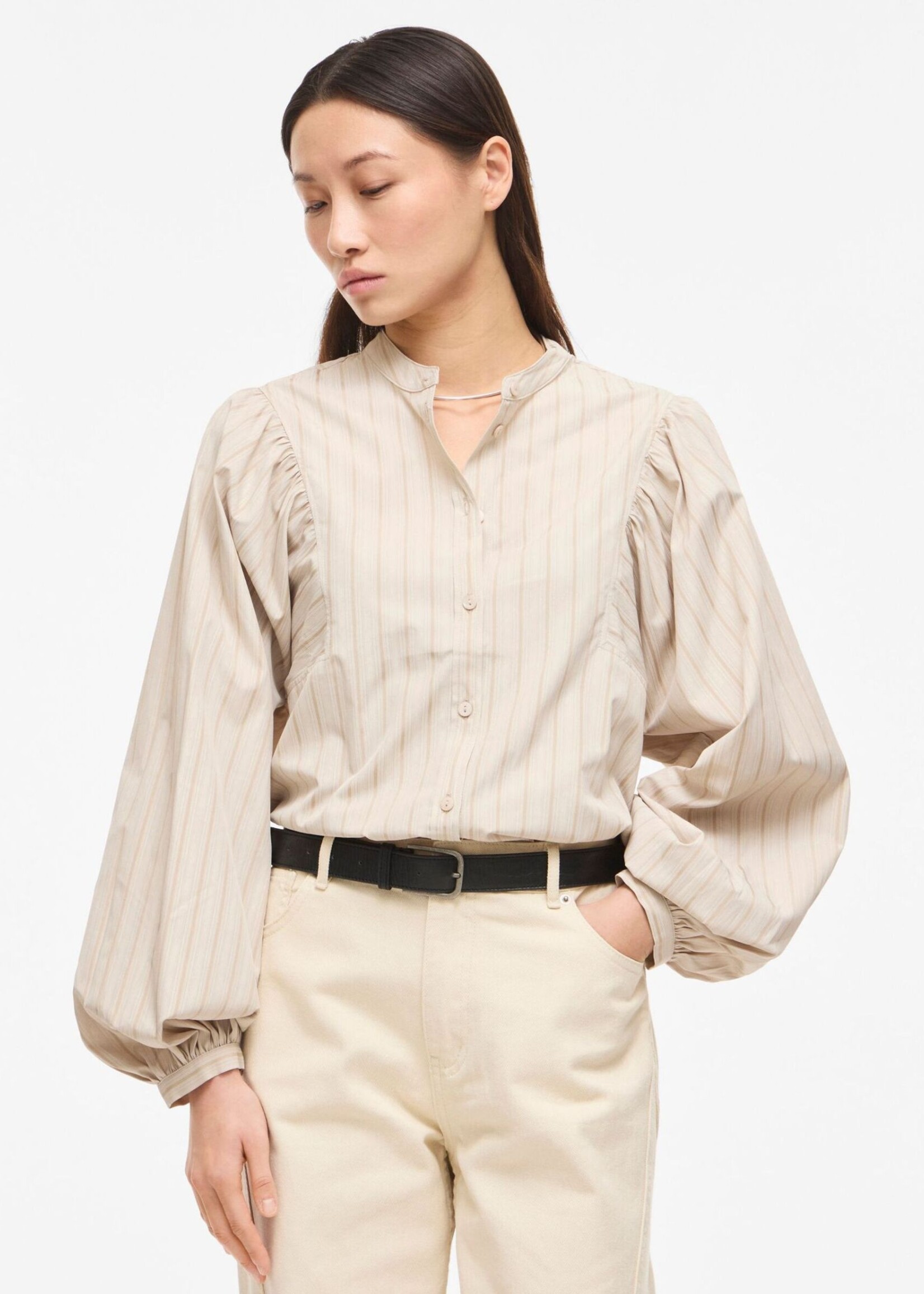 The Rouge Edit Roumalia China Collar Shirt,  Striped Petrified Oak