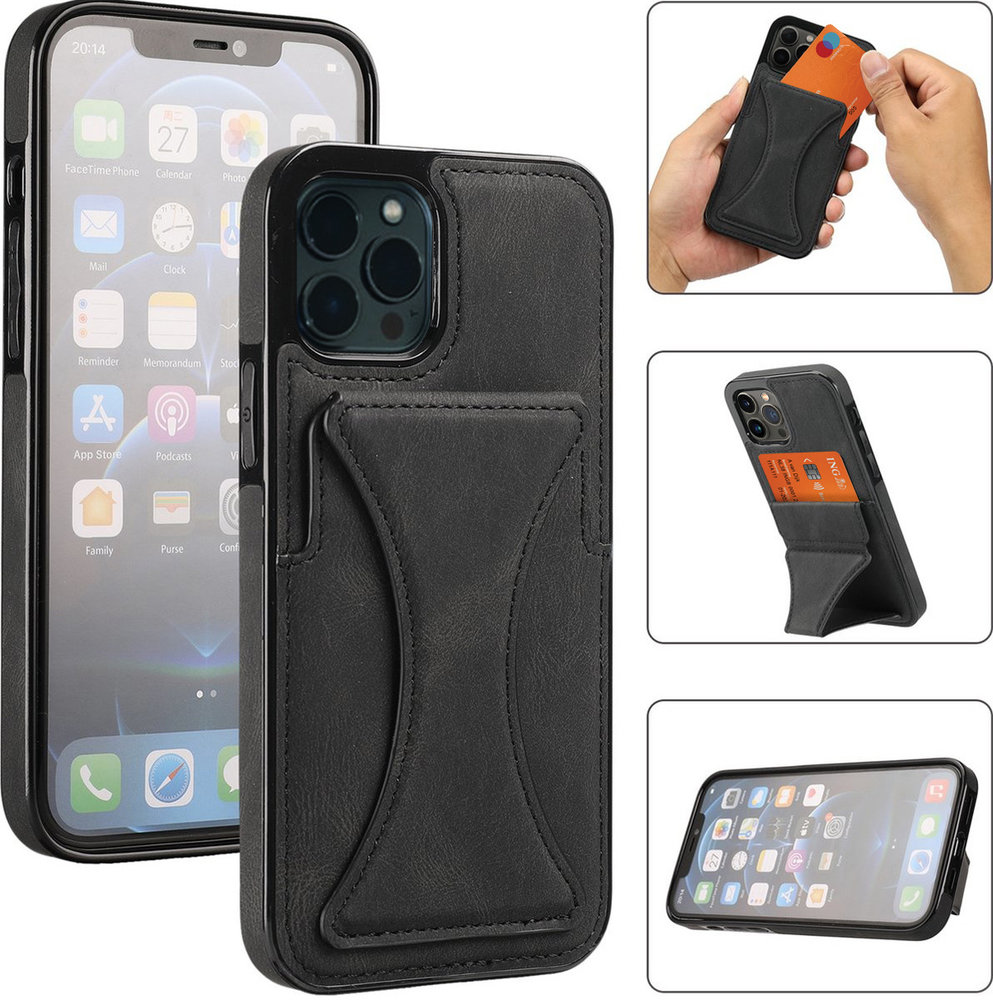 Étui cuir iPhone 13 Pro Max support porte-cartes (noir) - Coque