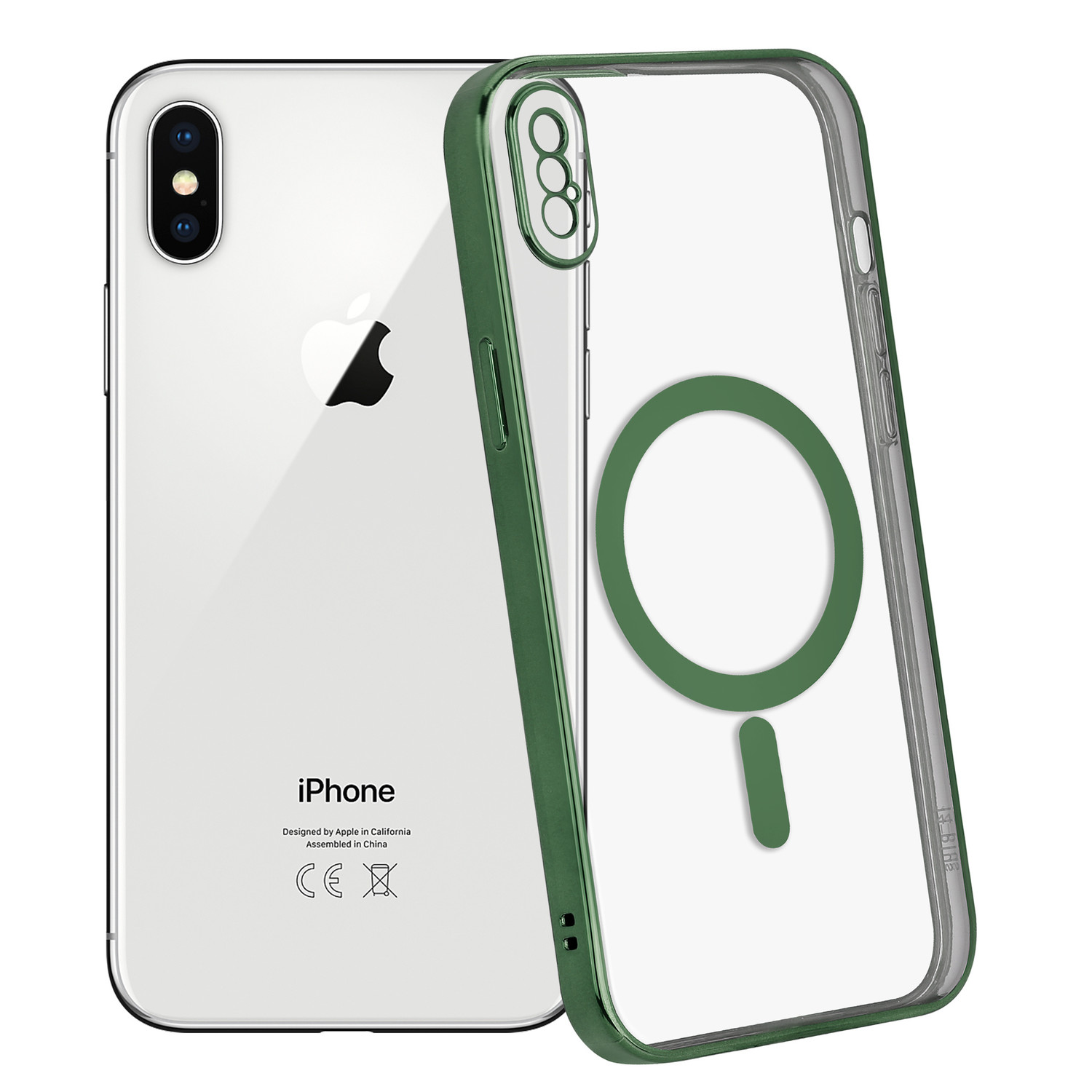 Coque iPhone X Xs revetement metallique Magsafe transparent vert fonce Coque telephone