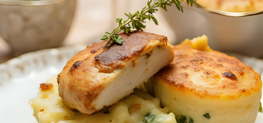 Gratin Dauphinois met geroosterde kip en tijm