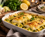 Gegratineerde kabeljauwfilet met kerrie en prei