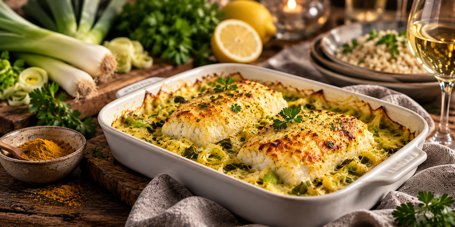Gegratineerde kabeljauwfilet met kerrie en prei