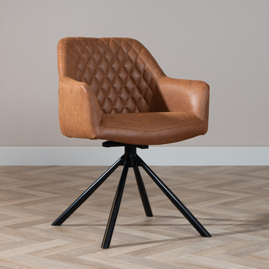 Polsterstuhl Leder Dex  180° Drehbar mit Armlehne Cognac