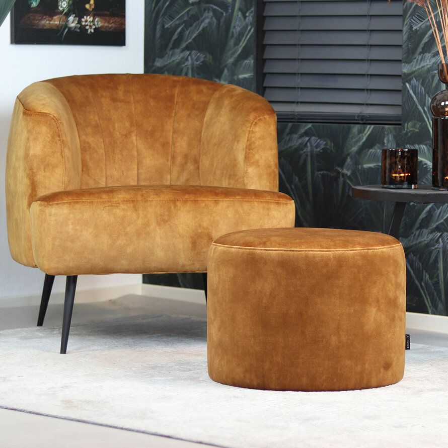 Samt Hocker Beau rund ockergelb/cognac