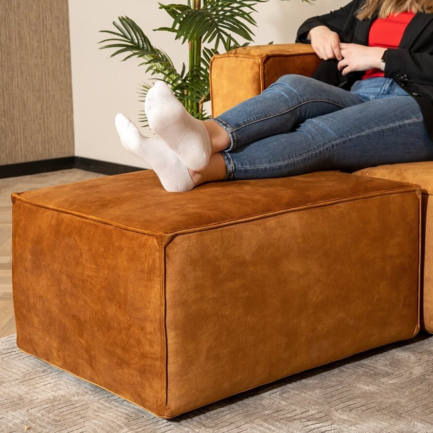 Samt Hocker Memphis rechteckig ockergelb/cognac