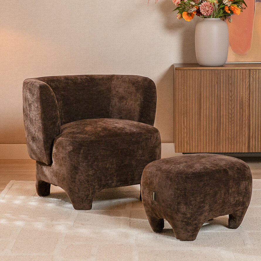 Sessel mit Hocker Emma Samt braun