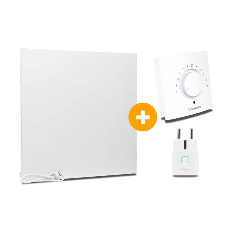 Complete Set Infrarood Verwarmingspaneel 60x60cm Mat Wit met Thermostaatset