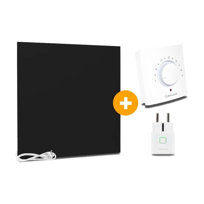 Complete Set Infrarood Verwarmingspaneel 60x60cm Mat Zwart met Thermostaatset