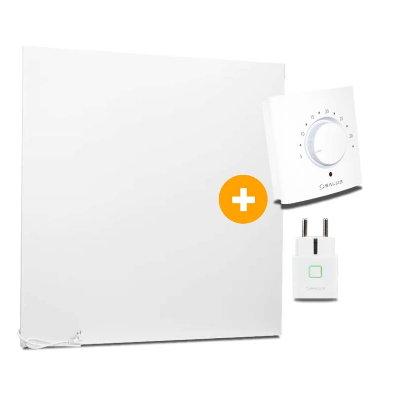 Complete Set Infrarood Verwarmingspaneel 105x105cm Mat Wit met Thermostaatset