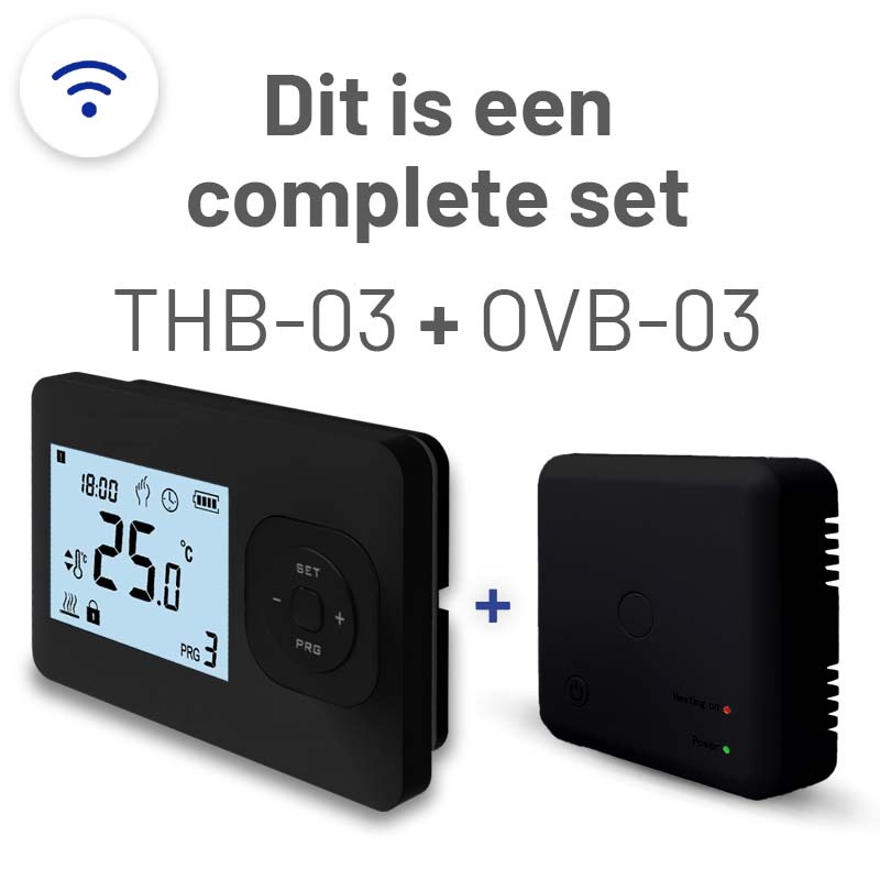 Set THB-03 + OVB-03 Draadloze Wifi Klokthermostaat - Bedienbaar via je mobiel - Zwart