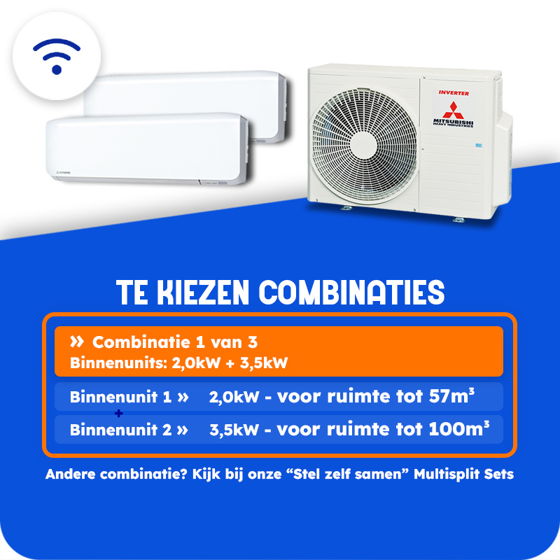 Multisplit Airco Set +Wifi voor 2-3 ruimtes | totaal 145m³ | Buitenunit 5,0kW (SCM50)