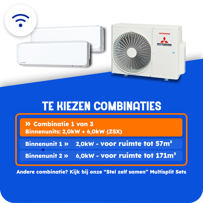 Multisplit Airco Set +Wifi voor 2-3 ruimtes | totaal 170m³ | Buitenunit 6,0kW (SCM60)