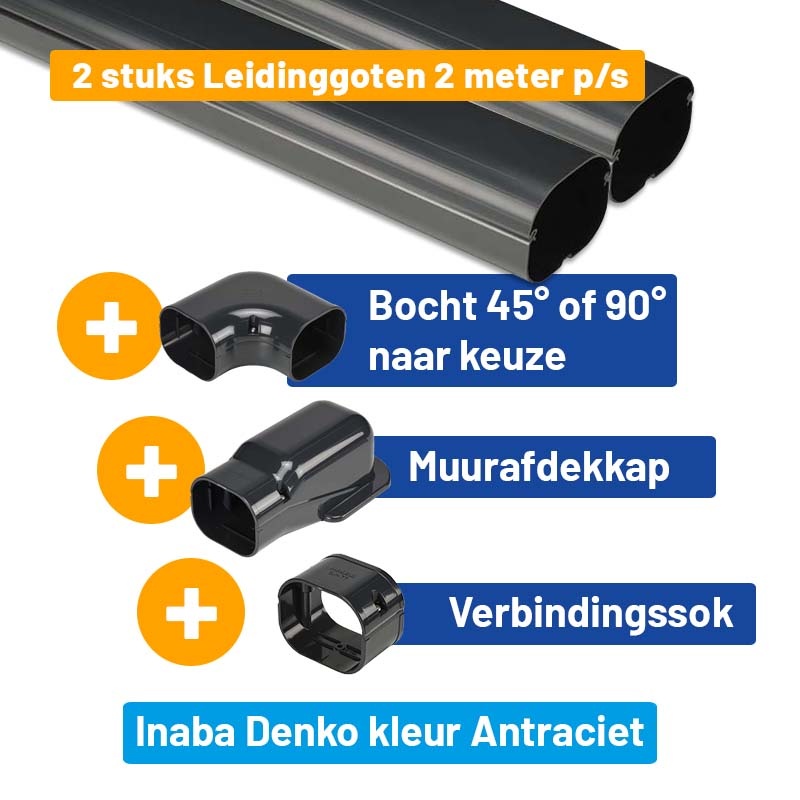 AANBIEDING: 2 Stuks Leidinggoot 2m + Bocht + Muurafdekkap + Verbindingssok in kleur naar keuze