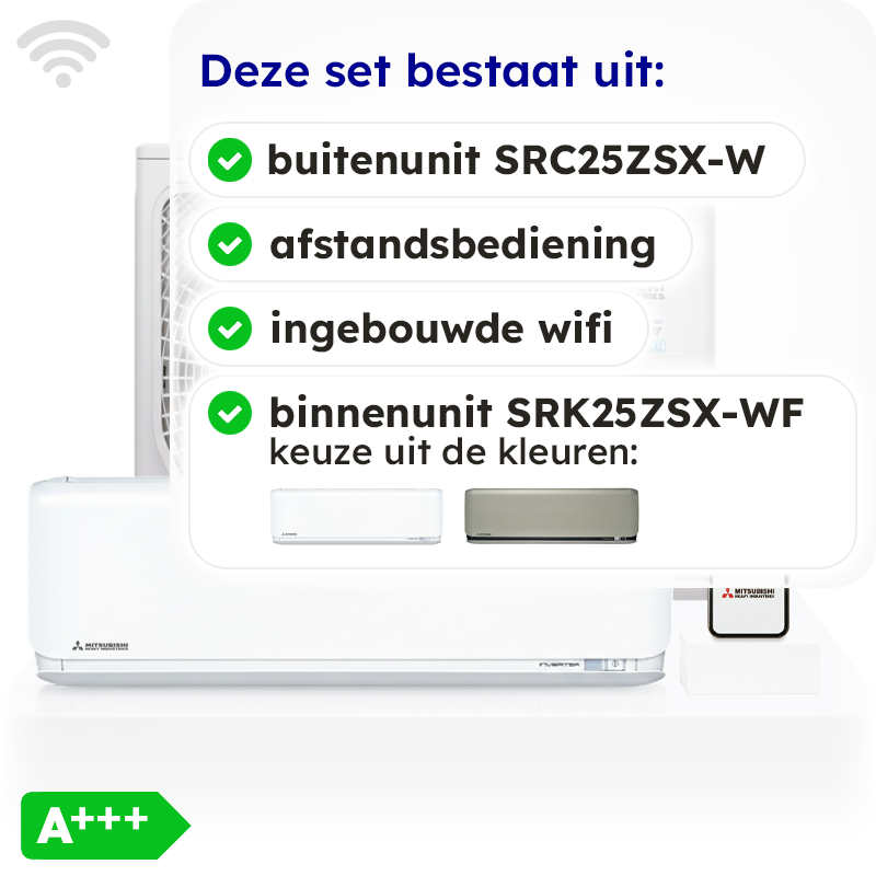 Mitsubishi SRK25ZSX-WF Singlesplit Airco 2,5kW +Wifi Fluisterstil