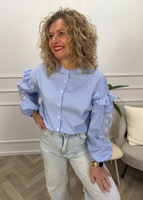 Bisous Embroided stripe blouse blauw