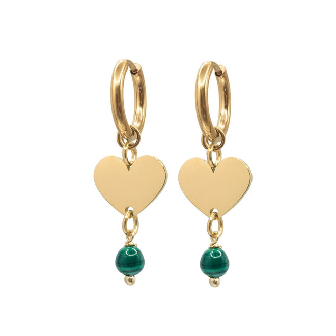 Oorringen heart malachiet goud