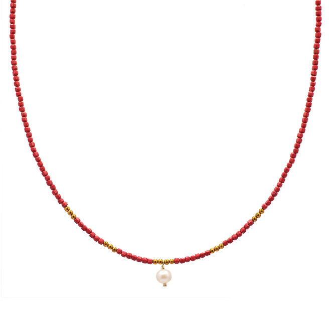 Ketting cube beads 2mm rood parel goud