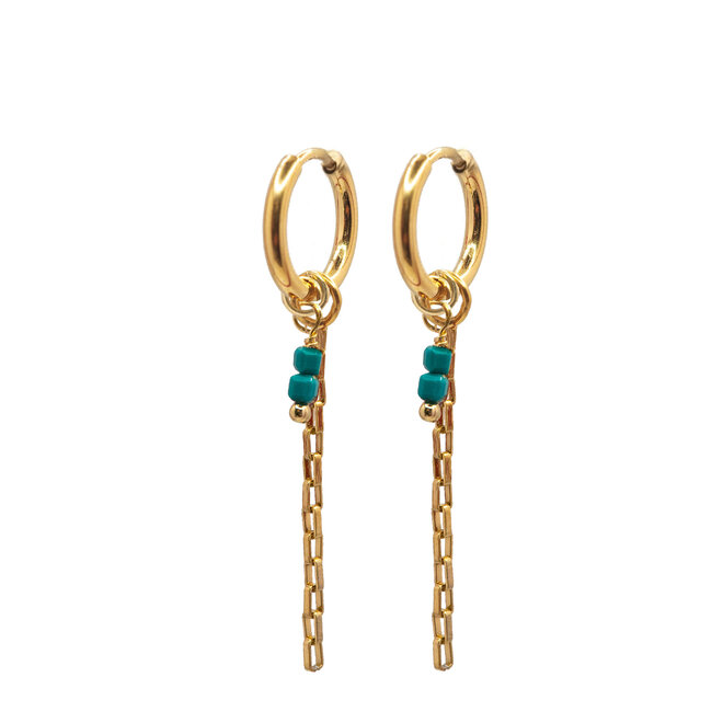 Oorringen square chain cube beads 2mm groen goud