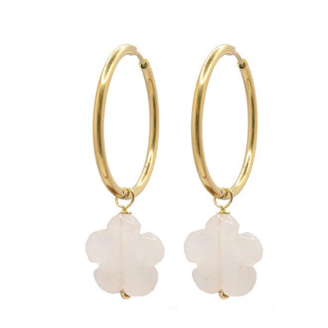 Oorringen big flower witte jade goud