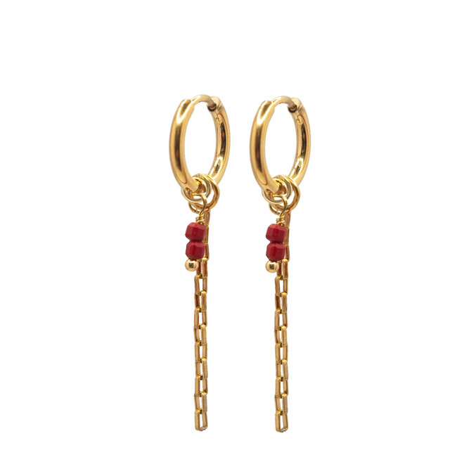 Oorringen square chain cube beads 2mm rood goud
