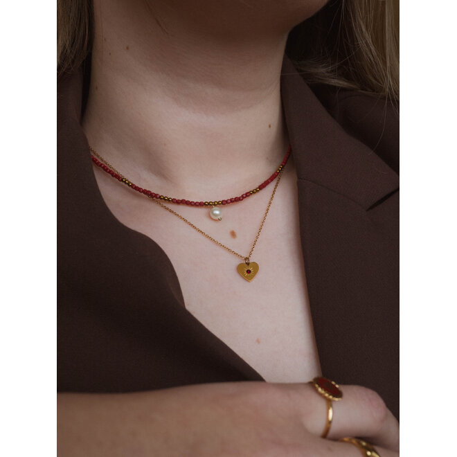 Ketting cube beads 2mm rood parel goud