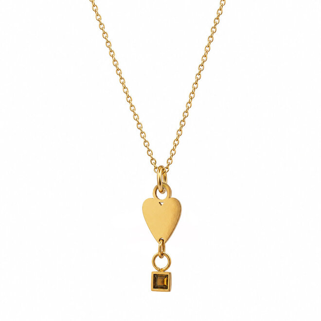 Ketting heart square diamond smoked topaz goud